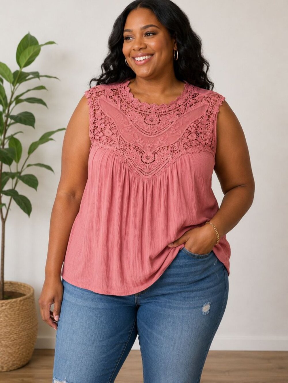 Torrid Dusty Rose Crochet Trim Tank Top Plus Size Sleeveless Boho 3x